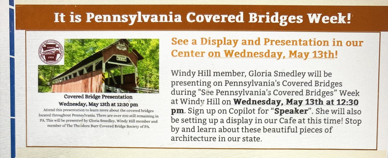 Gloria Smedley, President, presenting about covered bridges at Windy Hill Senior Center, York, PA, May 13, 2026